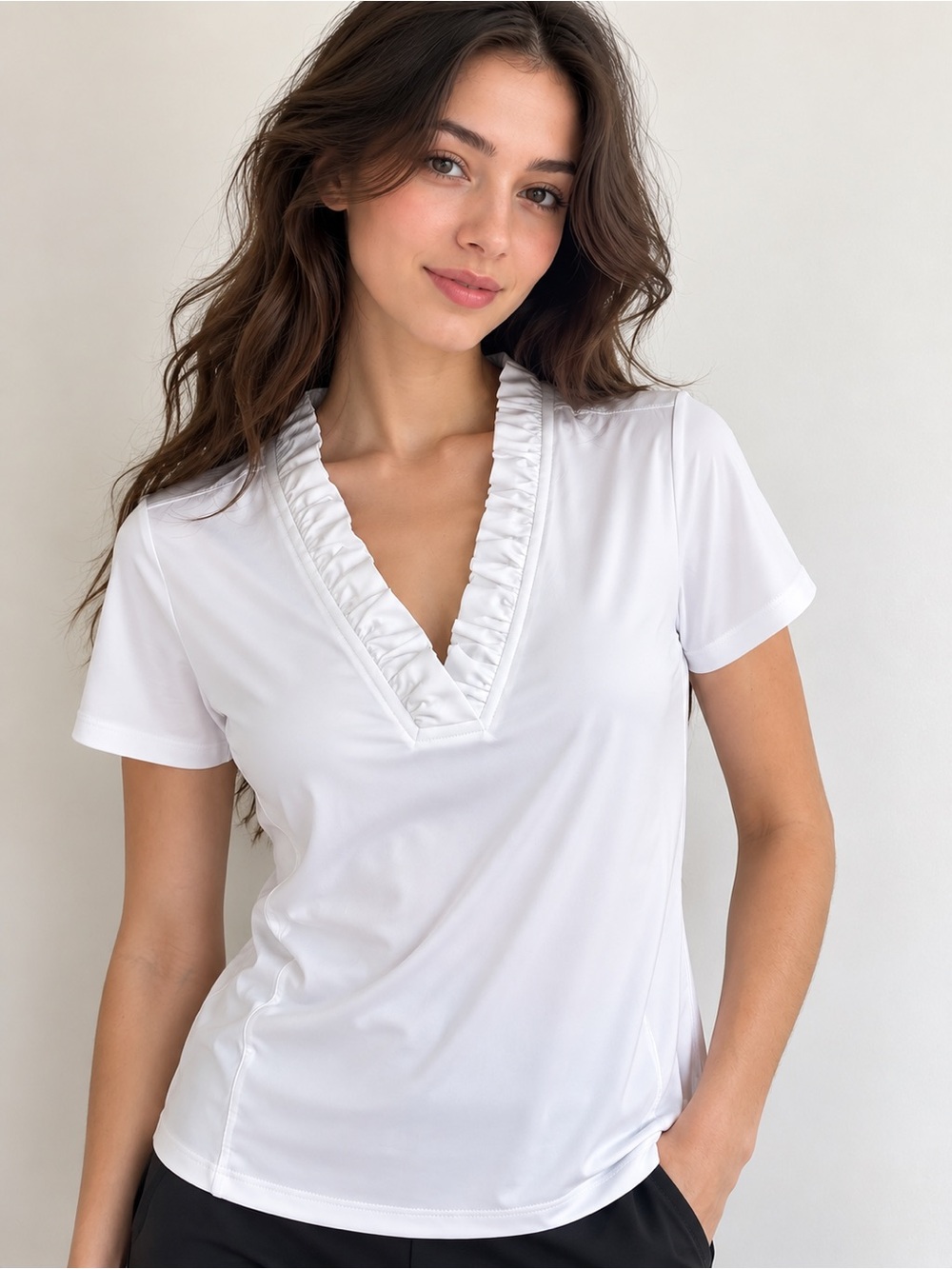 ACEGOLFS Women’s Ruffle V-Neck Golf Polo Top White Size M